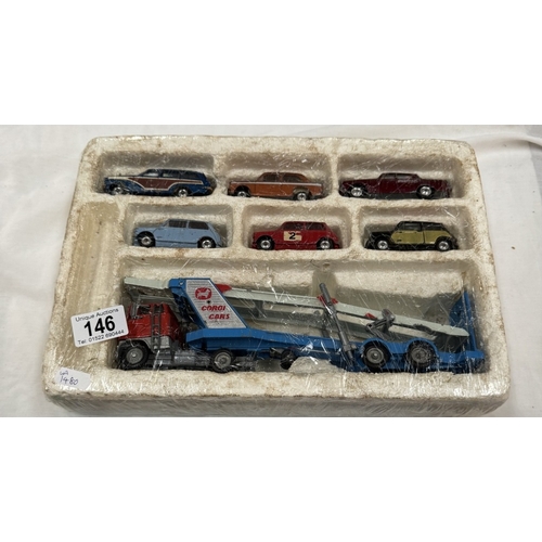 146 - A Corgi gift set no 48 including a transporter & 6 cars (No outer box) & A Daytona 20 piece car set