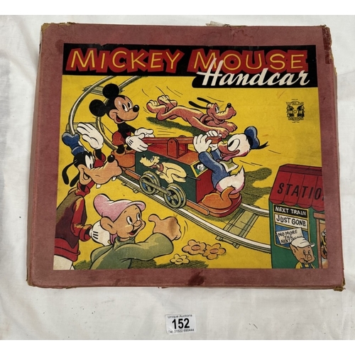 152 - A Rare boxed Wells London Mickey Mouse handcart. In working order. (Donald duck foot A/F)