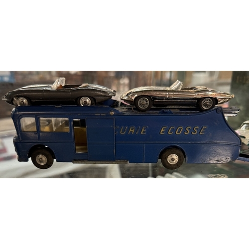 160 - A Corgi Ecurrie Ecosse transporter with 2 Jaguar etypes & Aston Martin