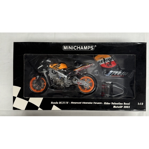 167 - 2 Minichamps 1/12 Valentino Rossi autographed motorbikes. Asprilia 250cc Assen 1998 & Honda RC2IIV R... 