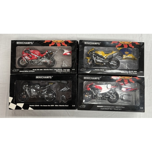 183 - 4 Minichamps Valentino Rossi & Colin Edwards motorcycles. Honda VTR1000, Yamaha YZR-M1 & Ducati