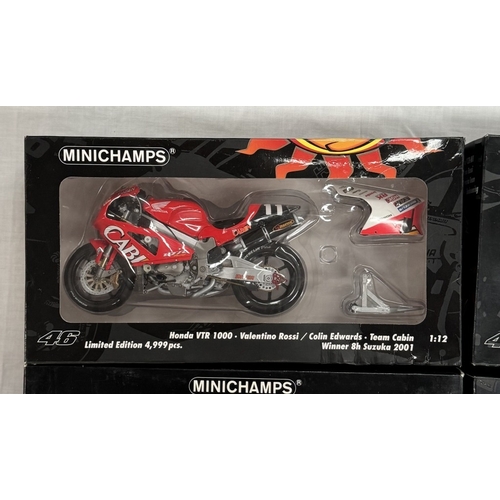 183 - 4 Minichamps Valentino Rossi & Colin Edwards motorcycles. Honda VTR1000, Yamaha YZR-M1 & Ducati