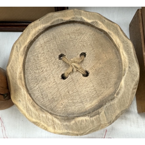 275 - A vintage concertina sewing box and contents and a button box containing buttons