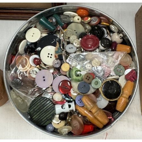 275 - A vintage concertina sewing box and contents and a button box containing buttons