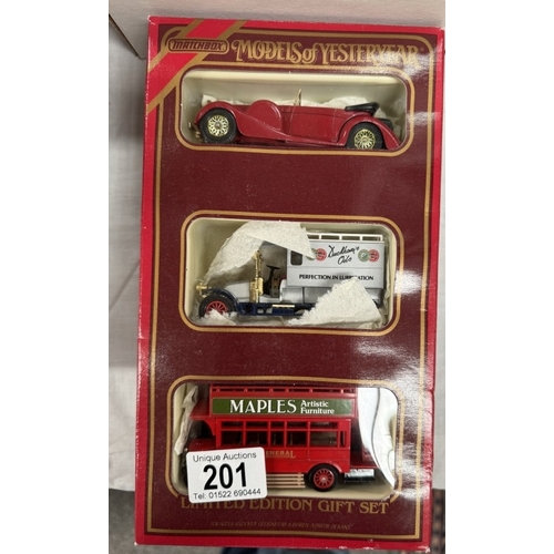 201 - A Models of Yesteryear gift set and two other vehicles, all boxed.