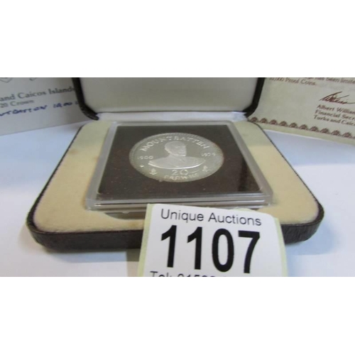 1107 - A cased Turks & Caicos Islands 1980 20 crown proof Mountbatten silver coin.