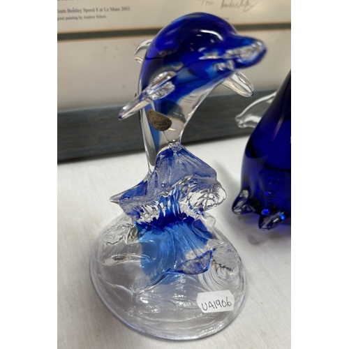 287 - A Coloured glass dolphin & penguin & A Frosted glass owl paperweight ornament.