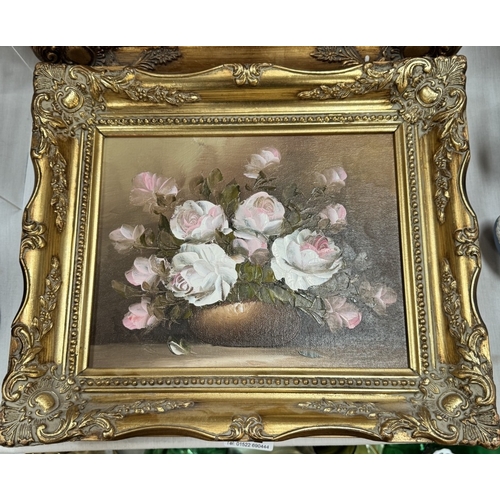 292 - A pair of gilt framed oil on canvas still life Roses both signed indistinct. 34 x 29cm