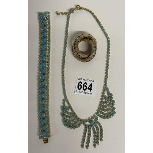 664 - A necklace, bracelet & brooch set turquoise coloured stone