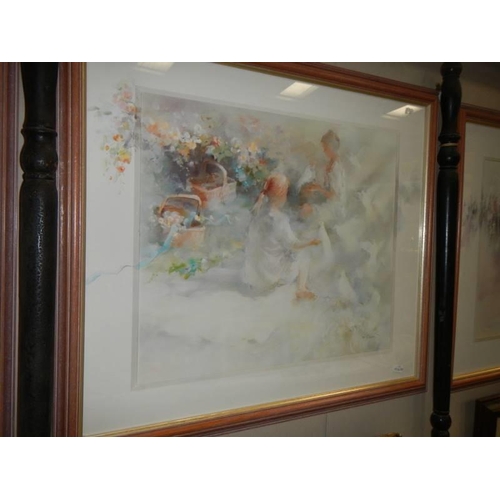 500 - Three framed and glazed modern impressionist prints featuring children, flowers with over painted bo... 