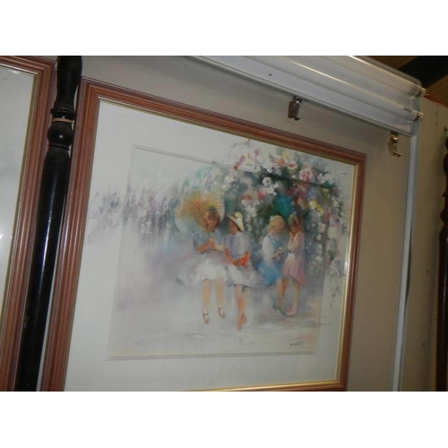 500 - Three framed and glazed modern impressionist prints featuring children, flowers with over painted bo... 