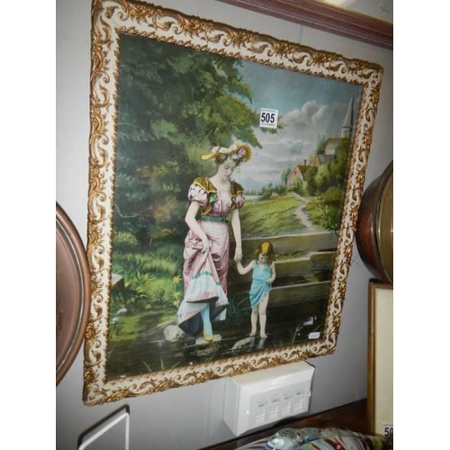 505 - A good early 20th century framed and glazed print of a lady with a young girl paddling, COLLECT ONLY... 