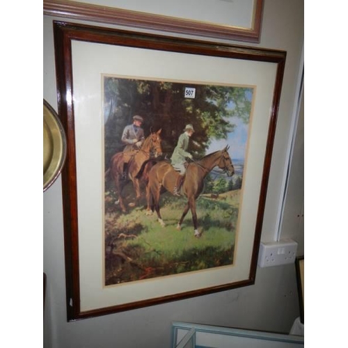 507 - An early 20th century framed and glazed engraving featuring horses and riders, COLLECT ONLY.