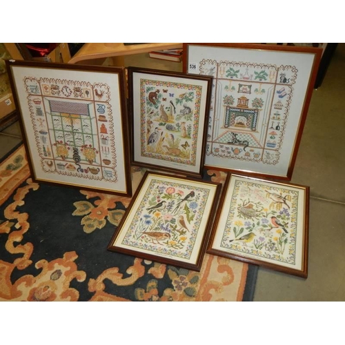 536 - Five good framed and glazed needlepoints. COLLECT ONLY.