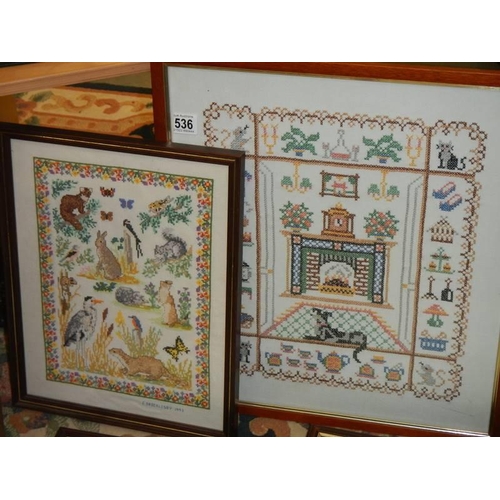 536 - Five good framed and glazed needlepoints. COLLECT ONLY.