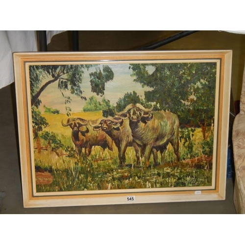 545 - A good signed oil on board featuring oxen. COLLECT ONLY.