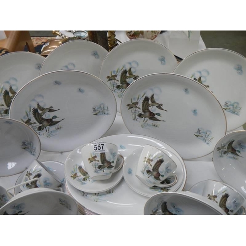 557 - In excess of 30 pieces of Ironstone tableware decorated with flying ducks. COLLECT ONLY.