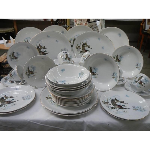 557 - In excess of 30 pieces of Ironstone tableware decorated with flying ducks. COLLECT ONLY.