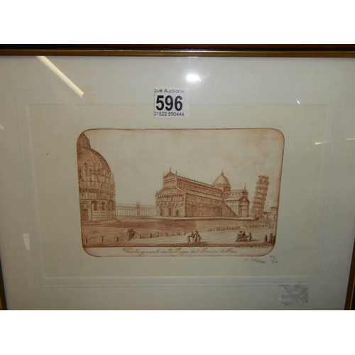 596 - An old framed and glazed engraving of Pisa, No. 43 of 70.