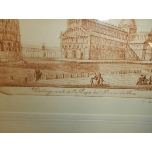 596 - An old framed and glazed engraving of Pisa, No. 43 of 70.