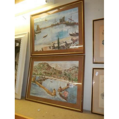 621 - A pair of mid 20th century watercolour harbour scenes initialed LB. COLLECT ONLY