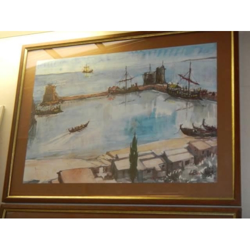 621 - A pair of mid 20th century watercolour harbour scenes initialed LB. COLLECT ONLY