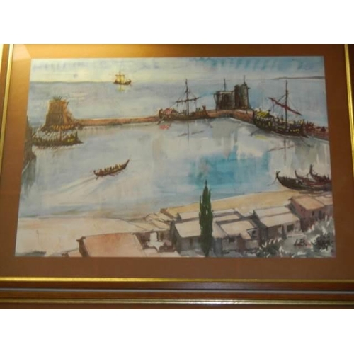 621 - A pair of mid 20th century watercolour harbour scenes initialed LB. COLLECT ONLY