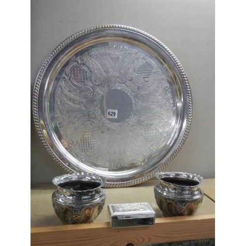 629 - A silver plate tray, pair of pots and trinket box.