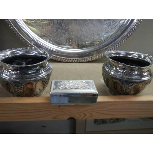 629 - A silver plate tray, pair of pots and trinket box.