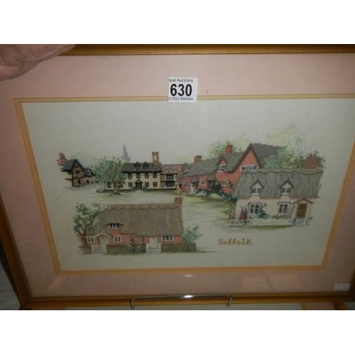 630 - Five framed and glazed woolwork pictures of English counties, COLLECT ONLY.