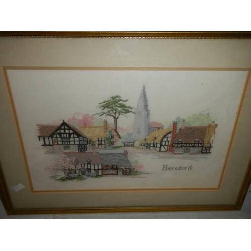 630 - Five framed and glazed woolwork pictures of English counties, COLLECT ONLY.