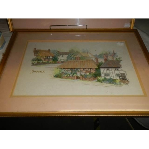 630 - Five framed and glazed woolwork pictures of English counties, COLLECT ONLY.