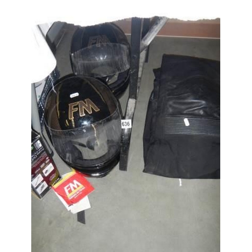 636 - Two motor cycle helmets and trousers. COLLECT ONLY