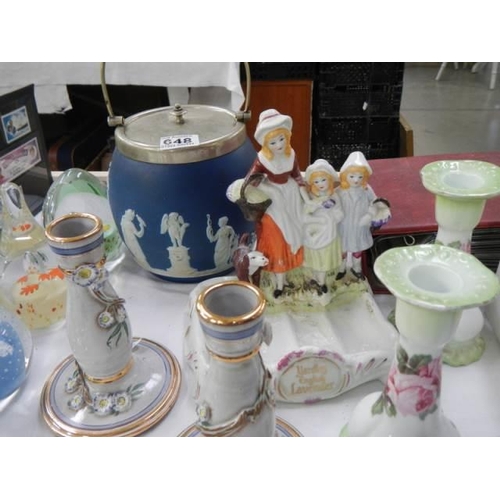 648 - A mixed lot including Jasper ware biscuit barrel, candlesticks etc. COLLECT ONLY