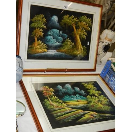 753 - A pair of framed and glazed paintings on felt. COLLECT ONLY.