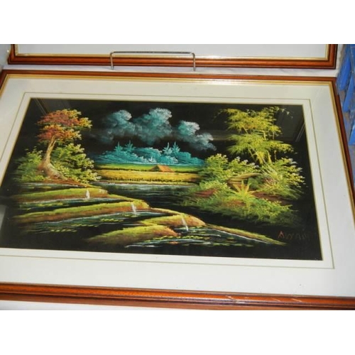 753 - A pair of framed and glazed paintings on felt. COLLECT ONLY.