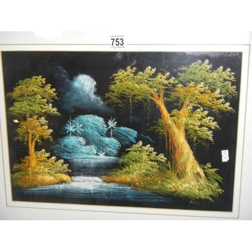 753 - A pair of framed and glazed paintings on felt. COLLECT ONLY.