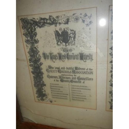 758 - A set of early 20th century Coronation certificates in frame. COLLECT ONLY.