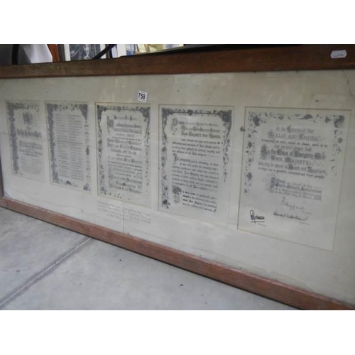 758 - A set of early 20th century Coronation certificates in frame. COLLECT ONLY.