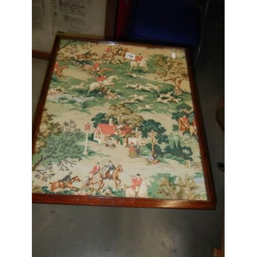 759 - A tip up table/fire screen featuring a hunting scene. COLLECT ONLY.