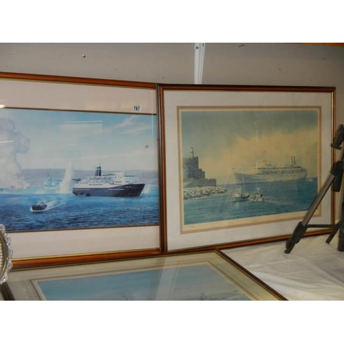 767 - A set of five prints of cruise liners, three signed Andrew Dibben. COLLECT ONLY.