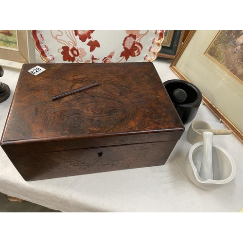 828 - A rosewood locked box and 3 pestle and mortar. A/F COLLECT ONLY