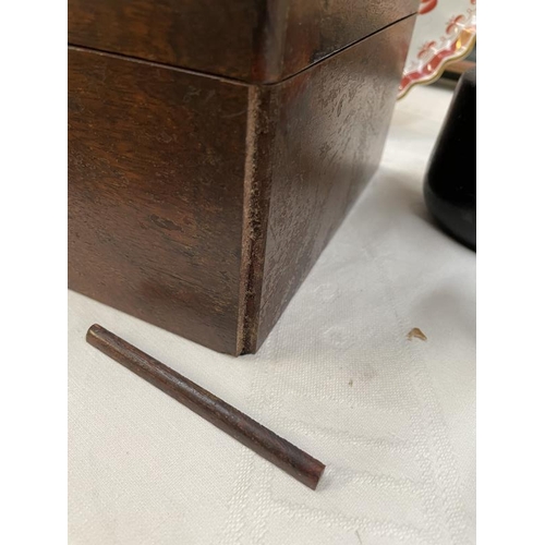 828 - A rosewood locked box and 3 pestle and mortar. A/F COLLECT ONLY