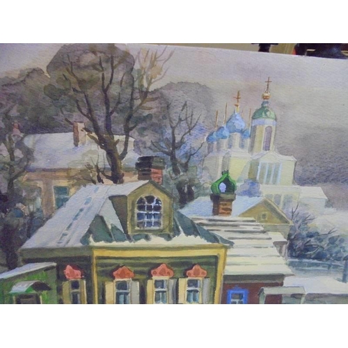 1213 - An unframed Yuri Kuchinow (Russian b.1951) watercolour winter village scene.