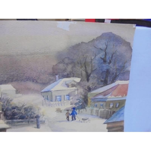 1213 - An unframed Yuri Kuchinow (Russian b.1951) watercolour winter village scene.