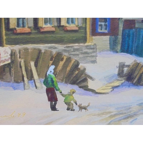 1213 - An unframed Yuri Kuchinow (Russian b.1951) watercolour winter village scene.