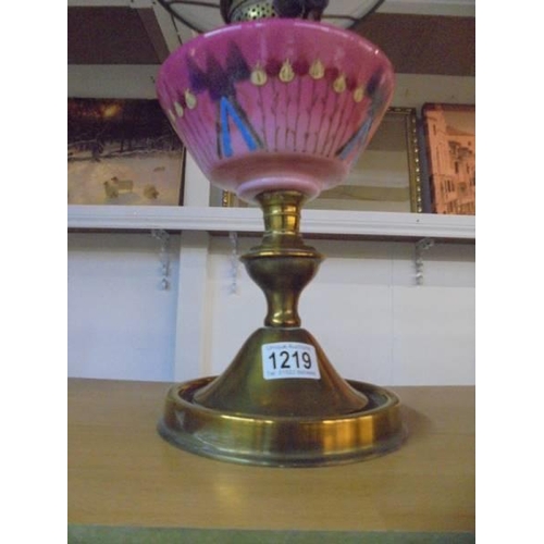 1219 - A Victorian oil lamp with painted pink glass font, COLLECT ONLY.