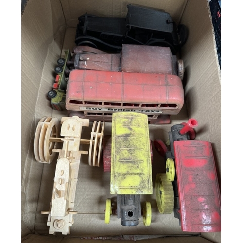 225 - A quantity of vintage plastic traction engines, London bus & Quantity of wooden model cars