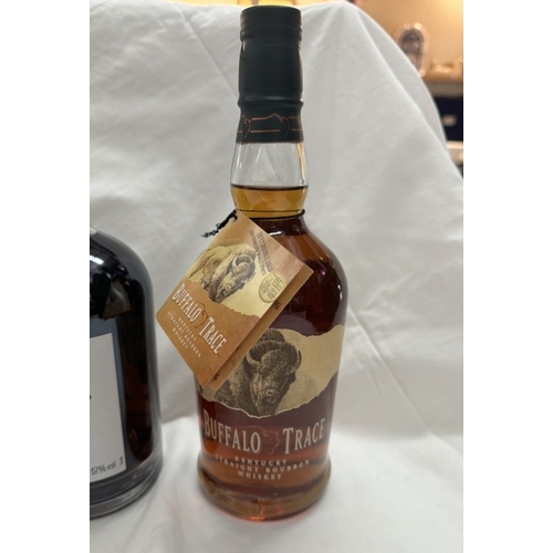 385 - A bottle of Mahers Mark Kentucky whiskey, a bottle of Wood's Old navy rum & a bottle of Buffalo Trac... 