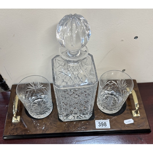 398 - A Cut glass decanter & 2 whiskey glasses on stand